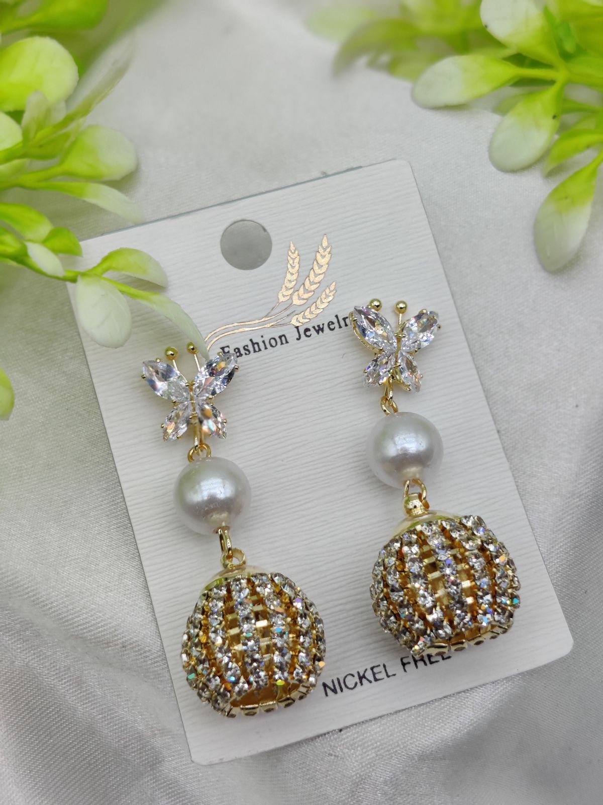 Elegant Butterfly Pearl Drop Earrings with Crystal Sphere Charm