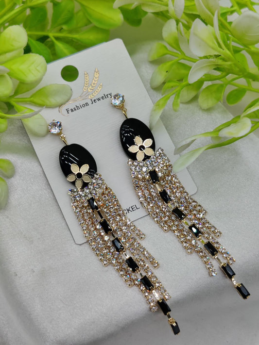 Glamorous Long Tassel Earrings with Black Crystal