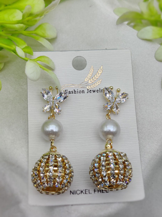 Elegant Butterfly Pearl Drop Earrings with Crystal Sphere Charm