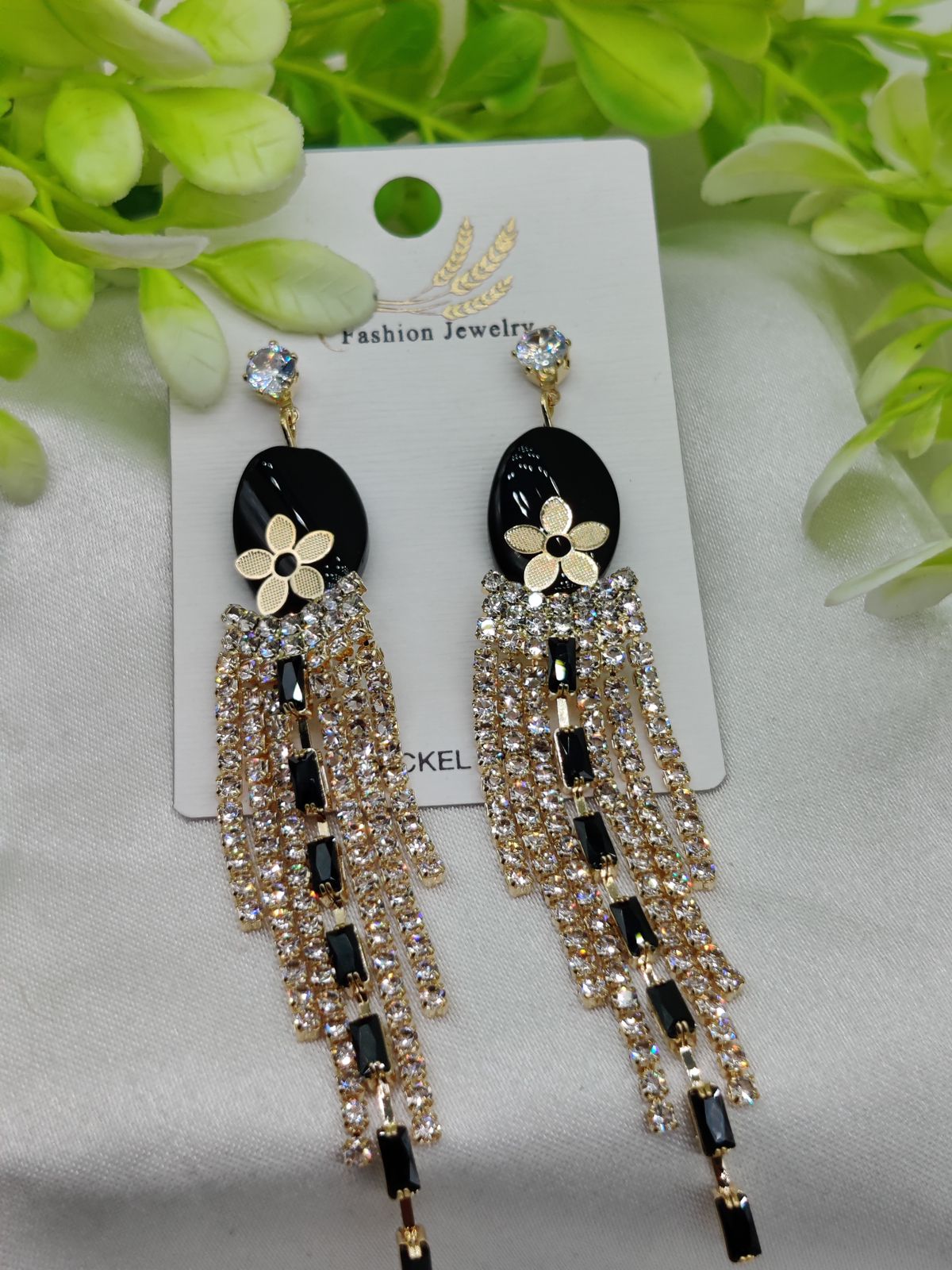 Glamorous Long Tassel Earrings with Black Crystal