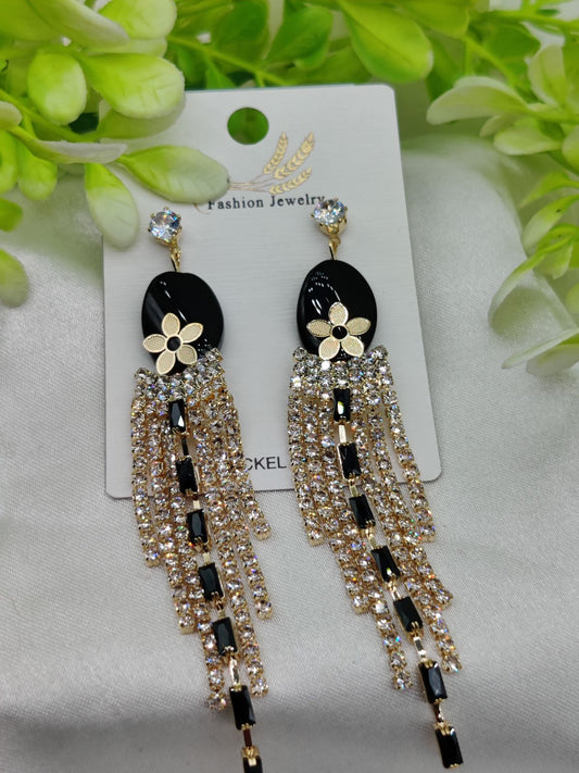 Glamorous Long Tassel Earrings with Black Crystal