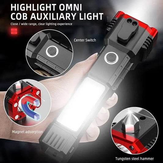 Multi-Function LED Tactical Flashlight with Power Bank & Safety Hammer