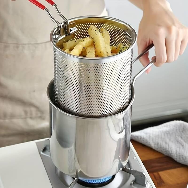Heavy-Duty Stainless Steel Deep Fryer Pot 1200ml with Strainer