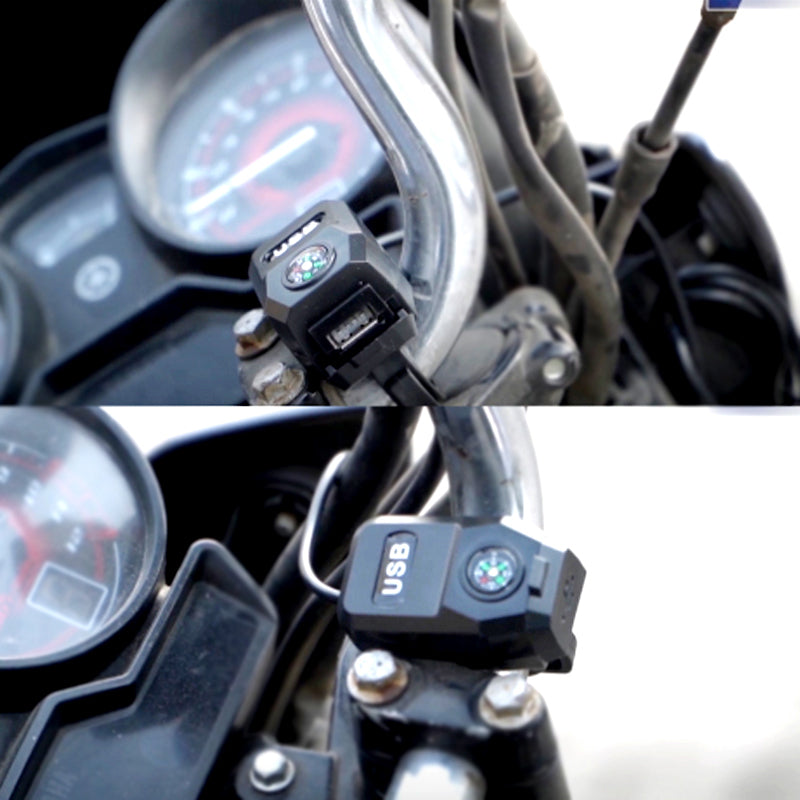 Motorcycle USB Charger 3.1A Fast Charge + Built-In Compass | All-Weather Handlebar Mount for E-Bikes & Motorbikes