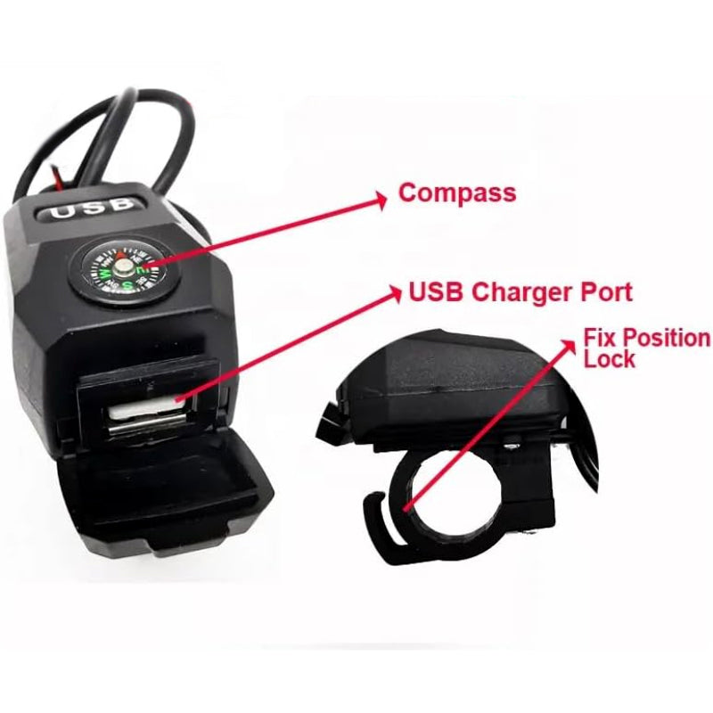 Motorcycle USB Charger 3.1A Fast Charge + Built-In Compass | All-Weather Handlebar Mount for E-Bikes & Motorbikes