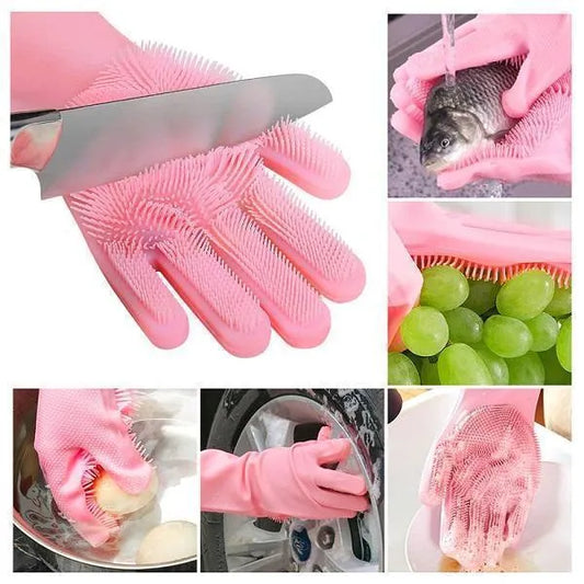 Reusable Rubber Dishwashing Gloves + Scrubber – All-in-One Household Cleaning Solution