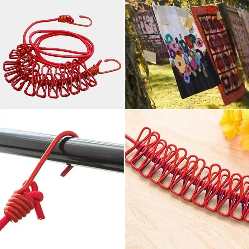 Portable Drying Rope with 12 Clips & 2 Hooks | Stretchable Travel Clothesline for Indoor & Outdoor Use