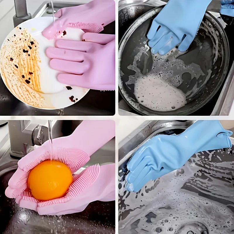 Reusable Rubber Dishwashing Gloves + Scrubber – All-in-One Household Cleaning Solution
