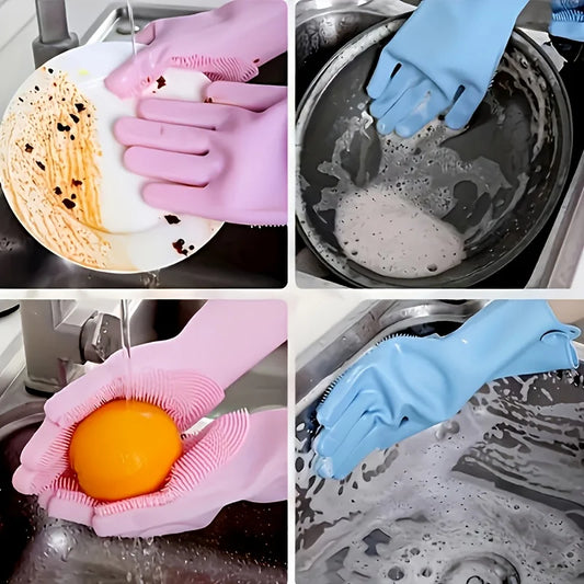 Reusable Rubber Dishwashing Gloves + Scrubber – All-in-One Household Cleaning Solution