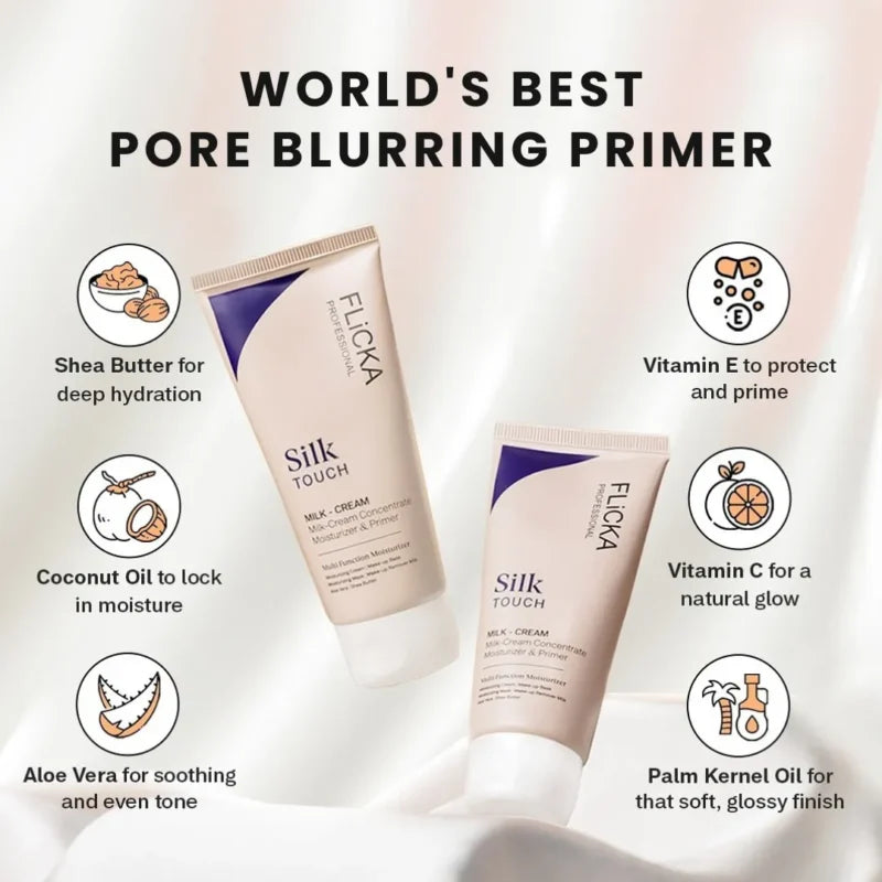Flicka Silk Touch | 3‑in‑1 Moisturizer & Primer | Hydrating, Lightweight, Long‑Lasting | Pore Minimizer | 60g