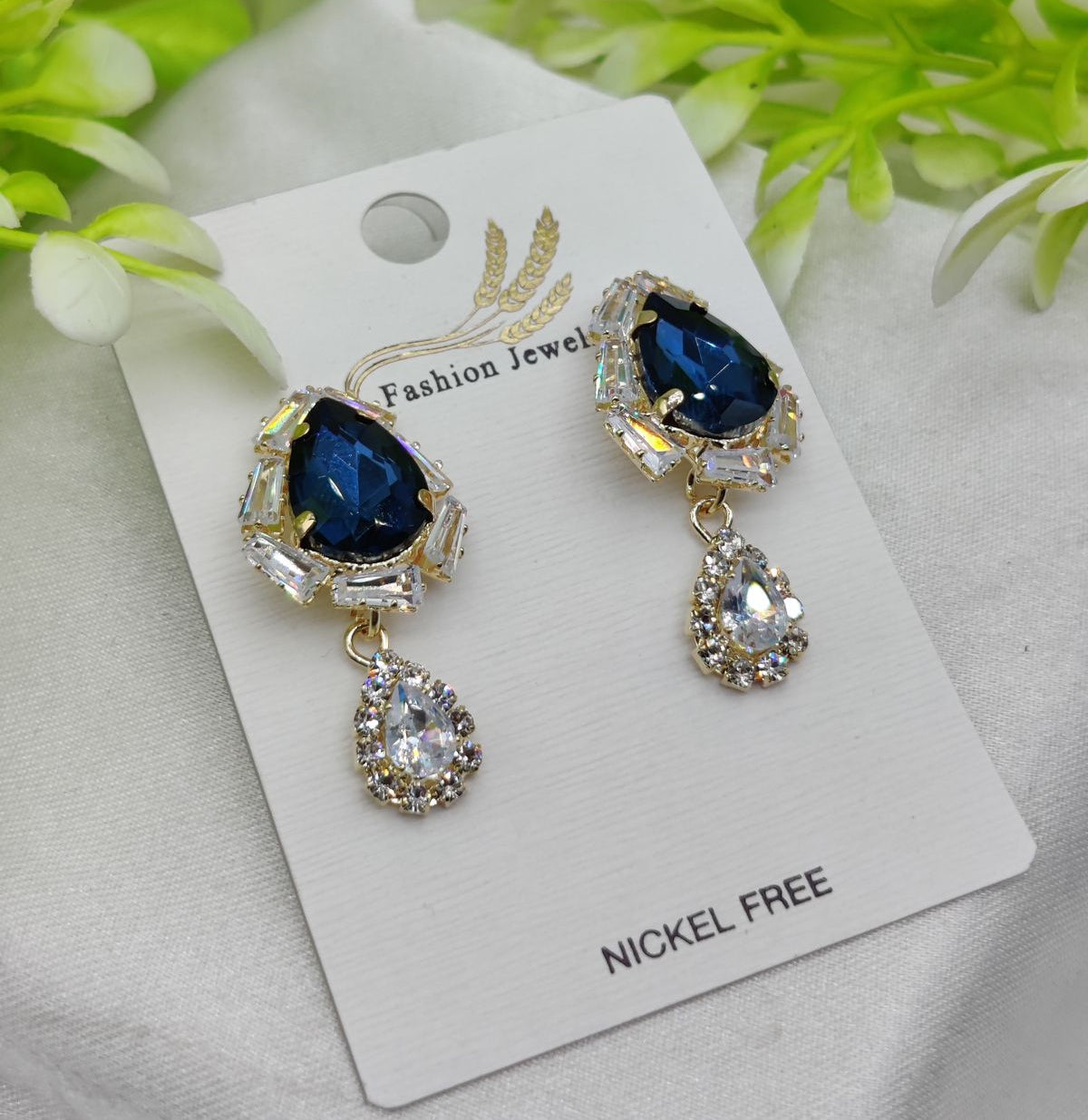 Royal Blue Drop Earrings with Crystal Accents