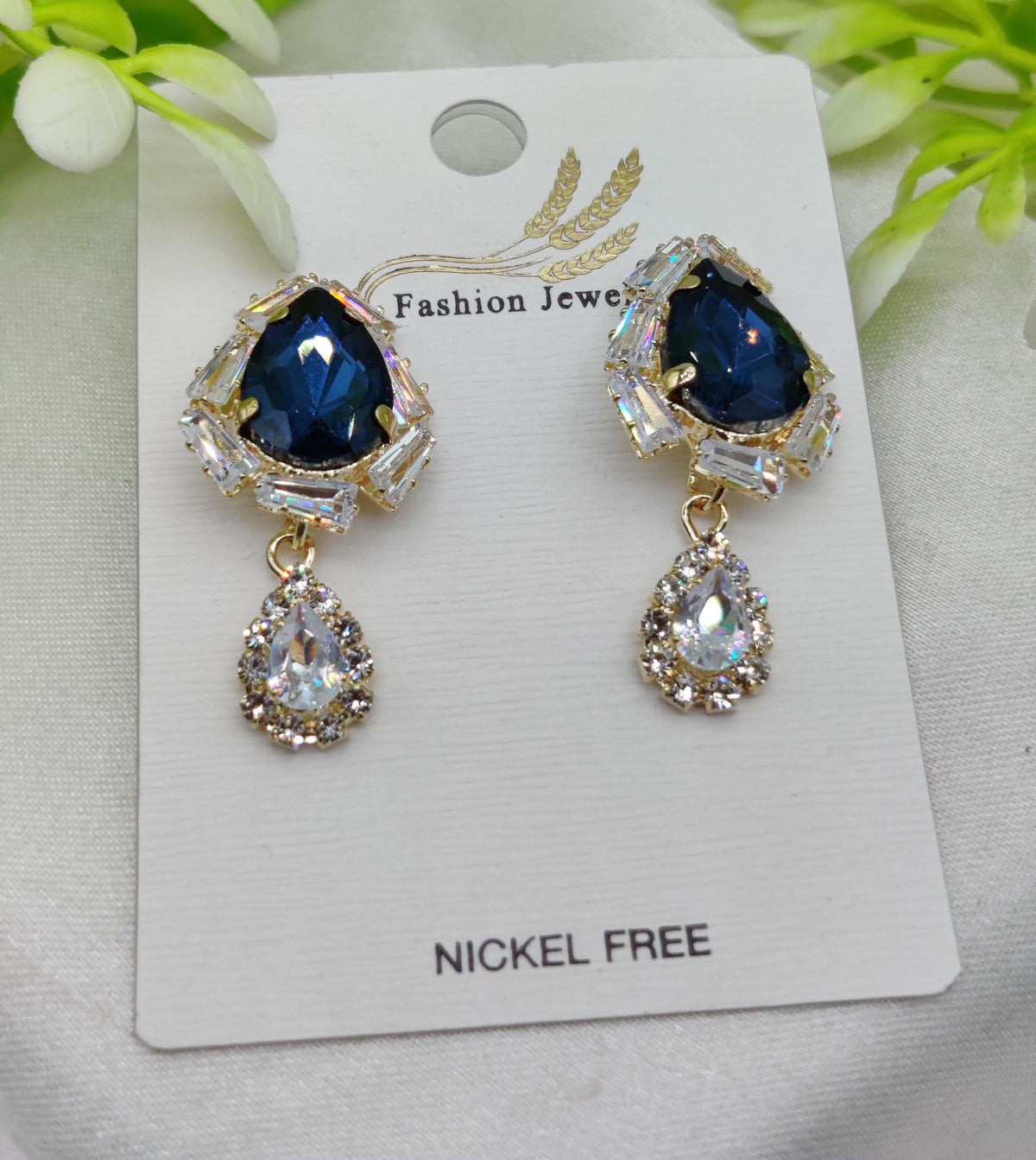 Royal Blue Drop Earrings with Crystal Accents