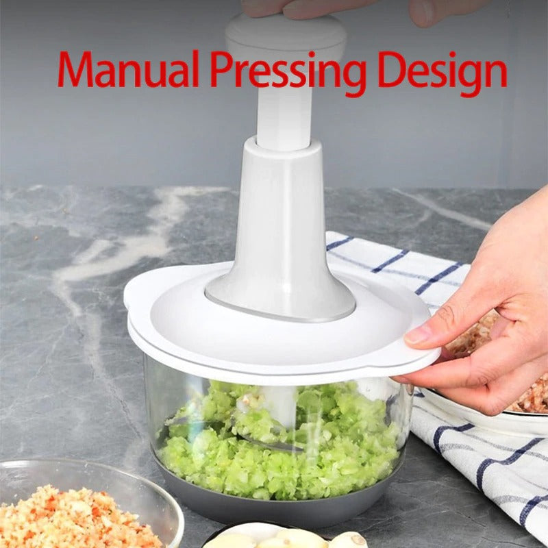 Manual Hand Press Food Chopper | 1.5L All-in-One Vegetable Cutter, Meat Grinder & Batter Mixer | Anti-Skid Base