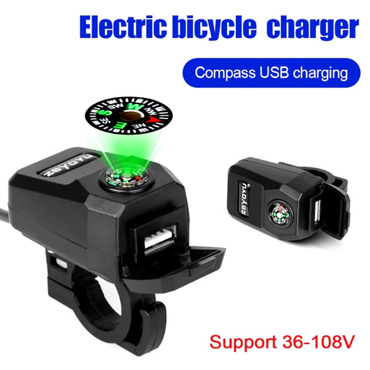 Motorcycle USB Charger 3.1A Fast Charge + Built-In Compass | All-Weather Handlebar Mount for E-Bikes & Motorbikes