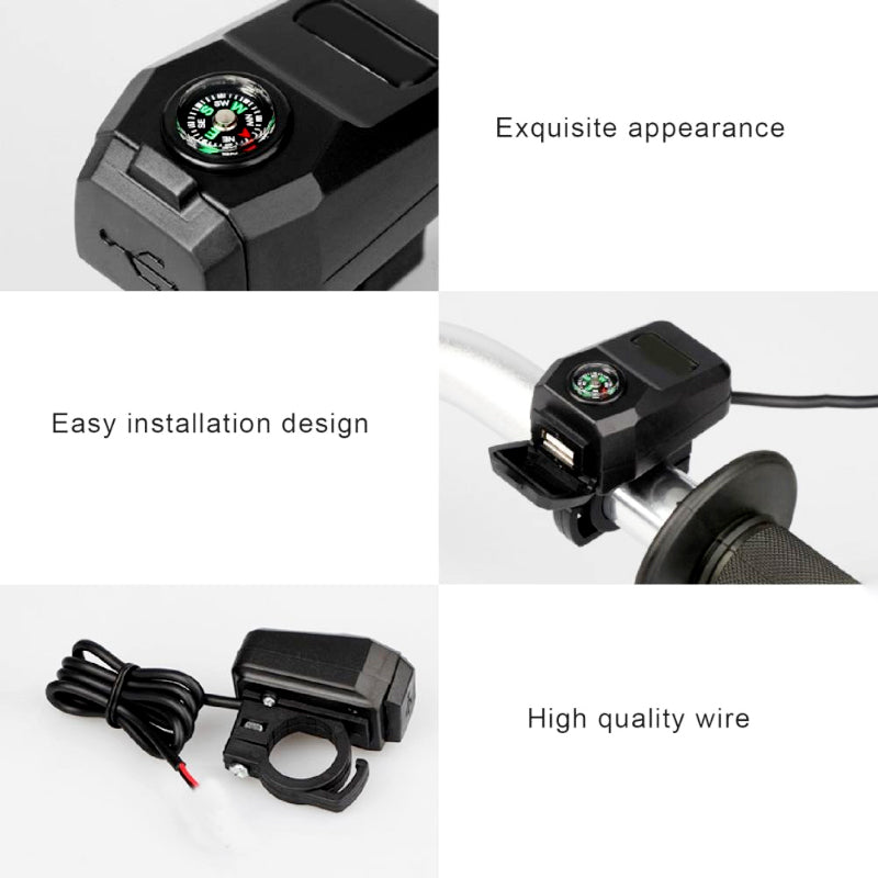 Motorcycle USB Charger 3.1A Fast Charge + Built-In Compass | All-Weather Handlebar Mount for E-Bikes & Motorbikes