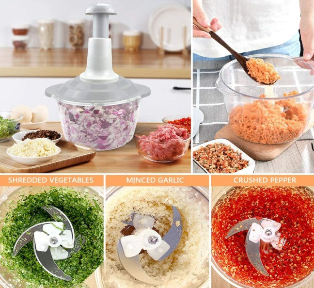 Manual Hand Press Food Chopper | 1.5L All-in-One Vegetable Cutter, Meat Grinder & Batter Mixer | Anti-Skid Base