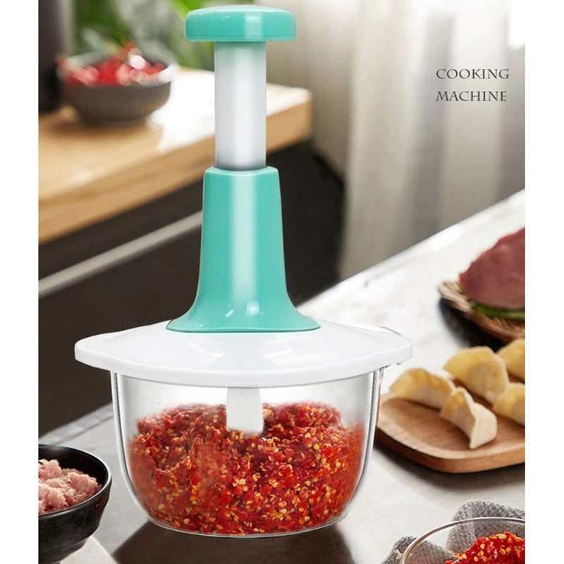 Manual Hand Press Food Chopper | 1.5L All-in-One Vegetable Cutter, Meat Grinder & Batter Mixer | Anti-Skid Base