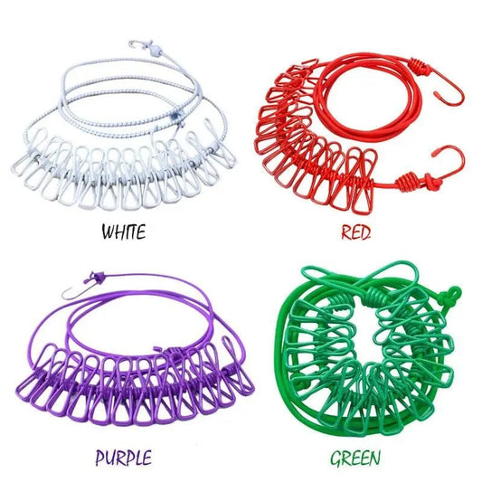 Portable Drying Rope with 12 Clips & 2 Hooks | Stretchable Travel Clothesline for Indoor & Outdoor Use