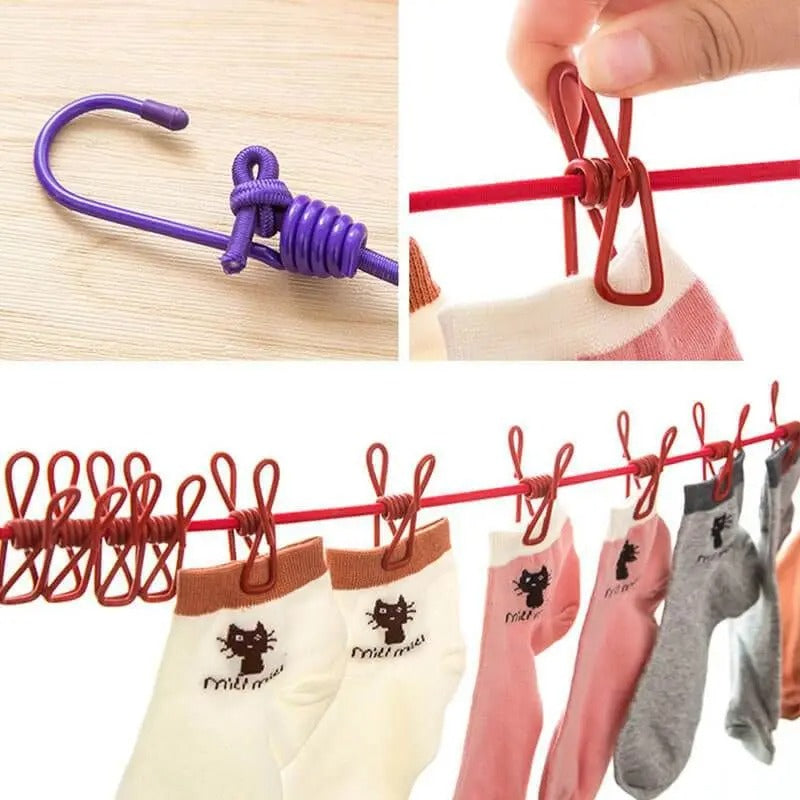 Portable Drying Rope with 12 Clips & 2 Hooks | Stretchable Travel Clothesline for Indoor & Outdoor Use