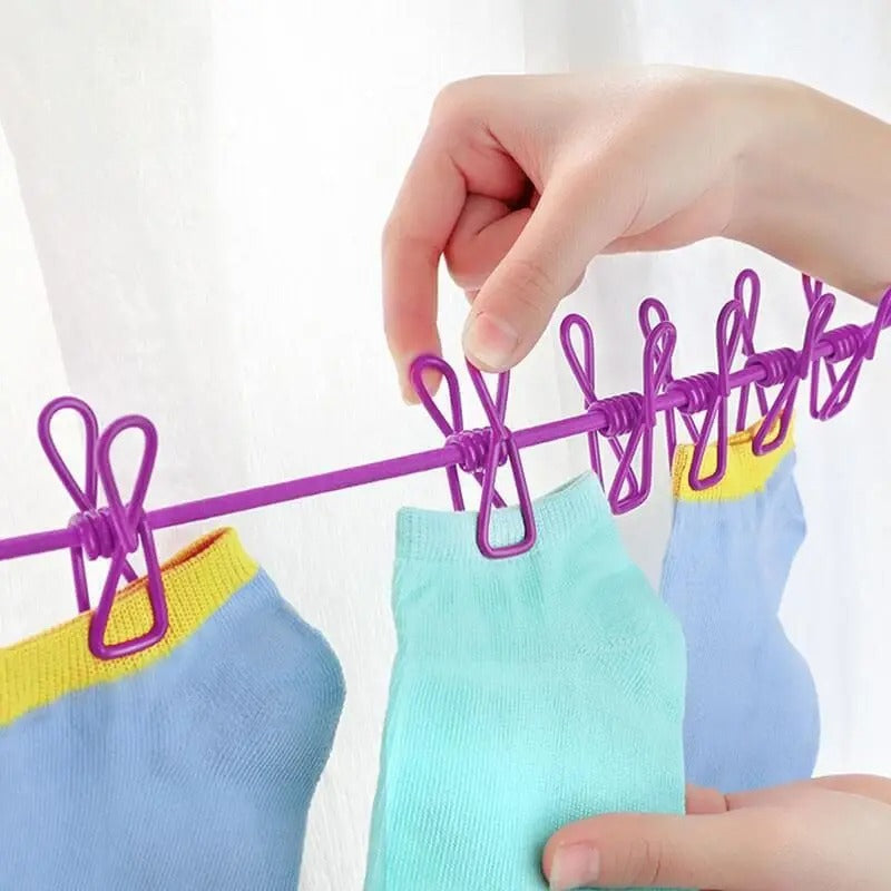 Portable Drying Rope with 12 Clips & 2 Hooks | Stretchable Travel Clothesline for Indoor & Outdoor Use