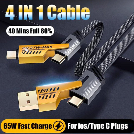 Universal 4-in-1 USB Cable | 65W Laptop & 27W Phone Fast Charge | Nylon Braided