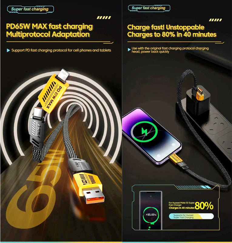 Universal 4-in-1 USB Cable | 65W Laptop & 27W Phone Fast Charge | Nylon Braided